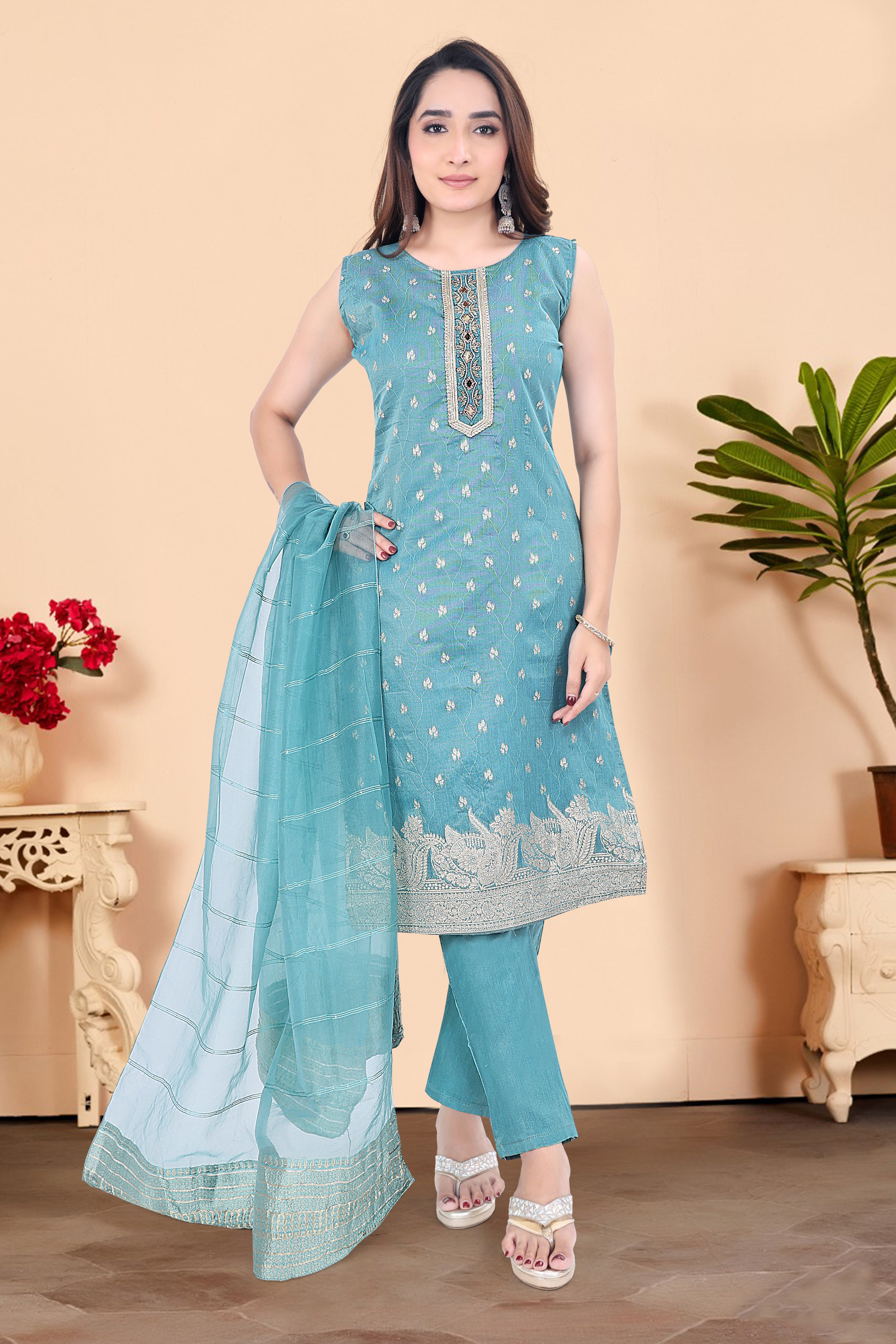 Teal Blue Embroidered Silk Blend Straight Suit With Dupatta