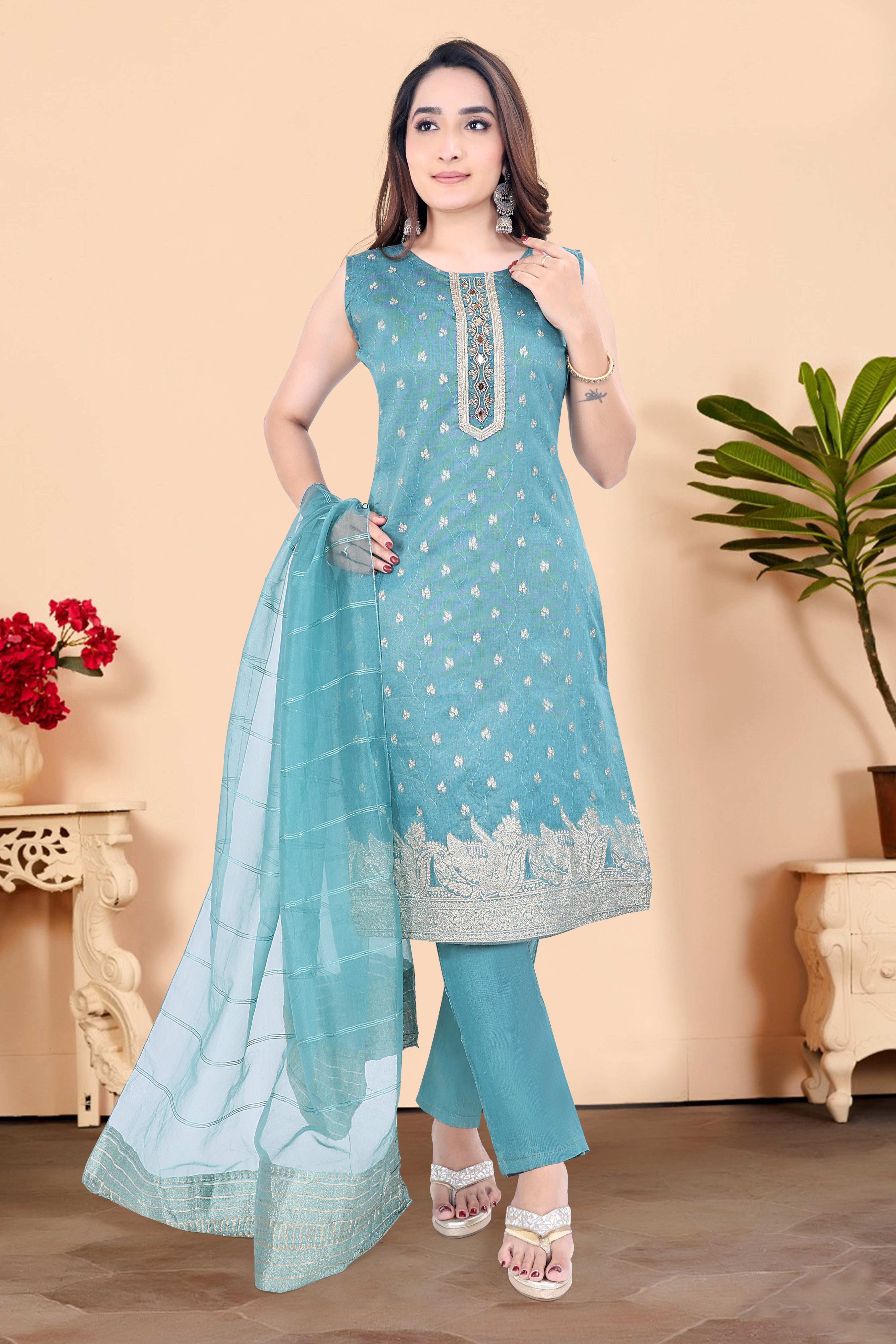 Teal Blue Embroidered Silk Blend Straight Suit With Dupatta