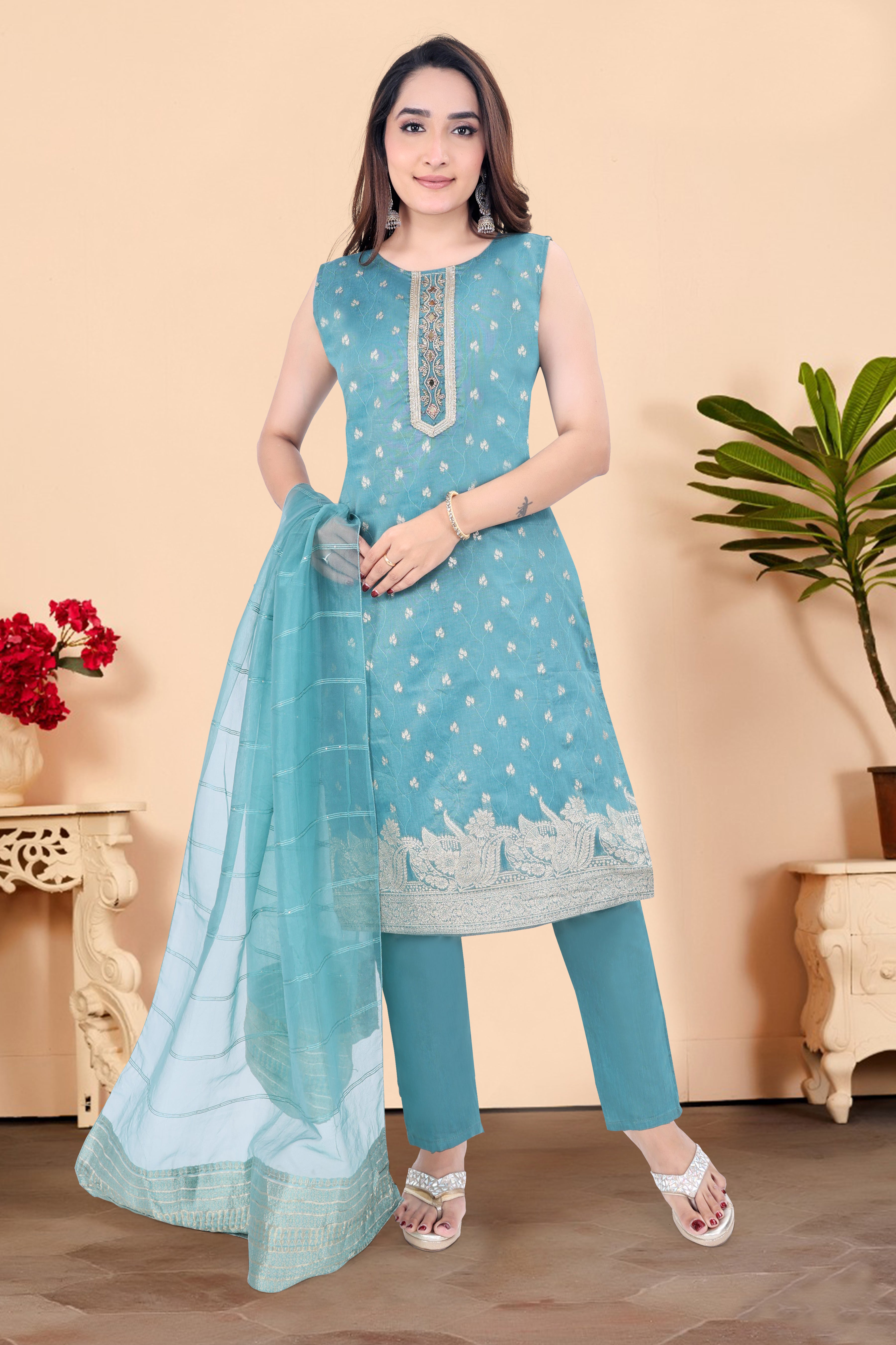 Teal Blue Embroidered Silk Blend Straight Suit With Dupatta