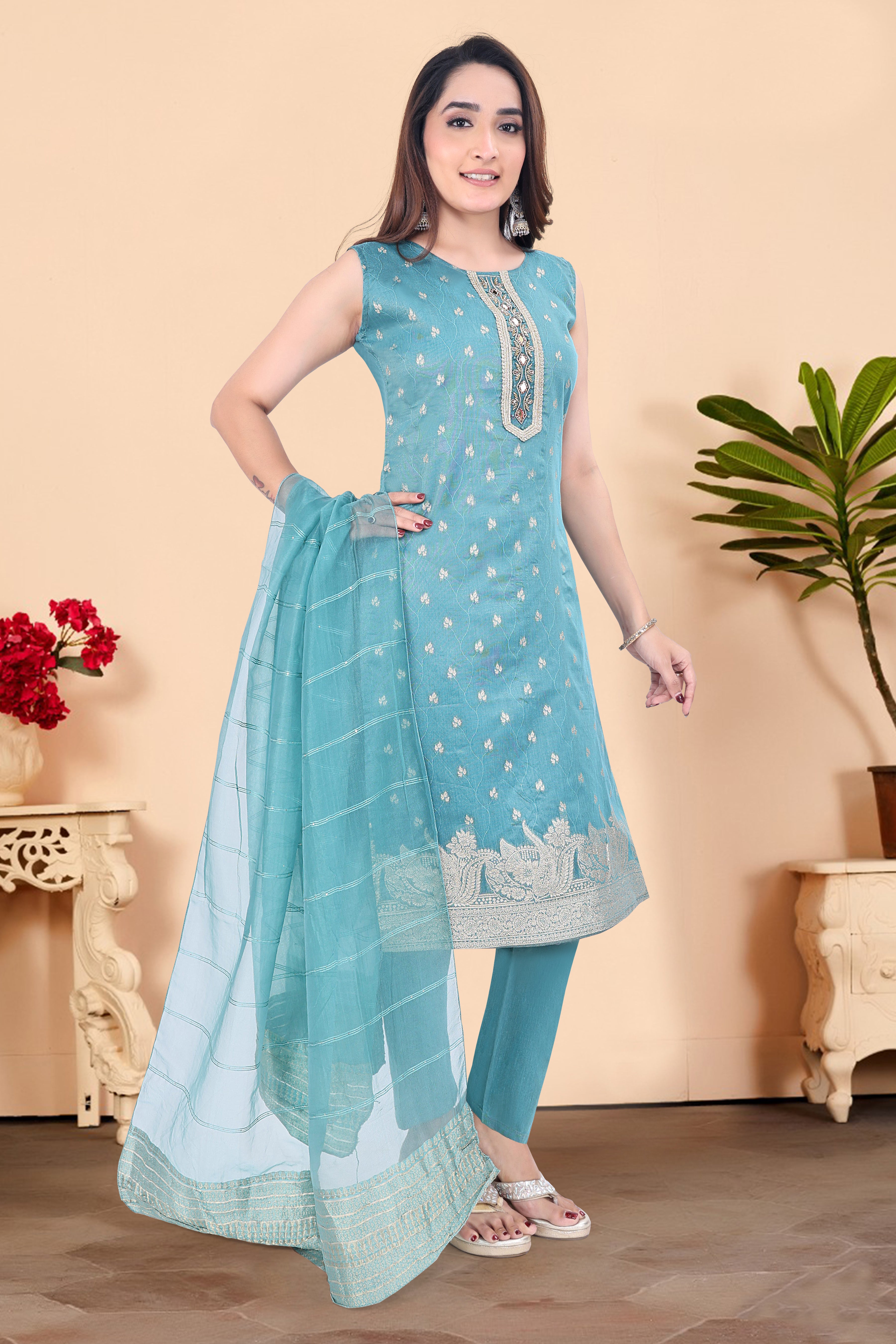 Teal Blue Embroidered Silk Blend Straight Suit With Dupatta