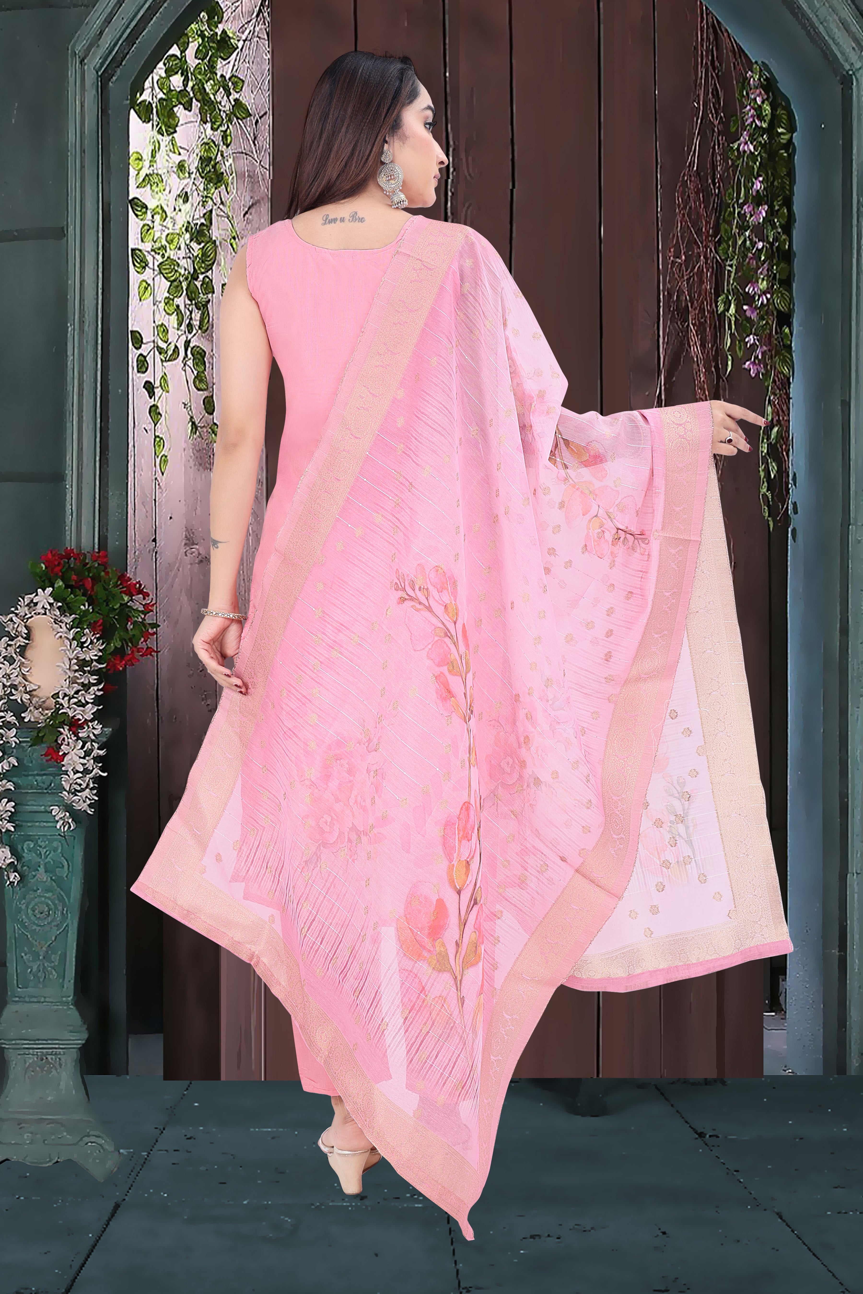 Pastel Pink Embroidered Silk Blend Straight Suit With Dupatta