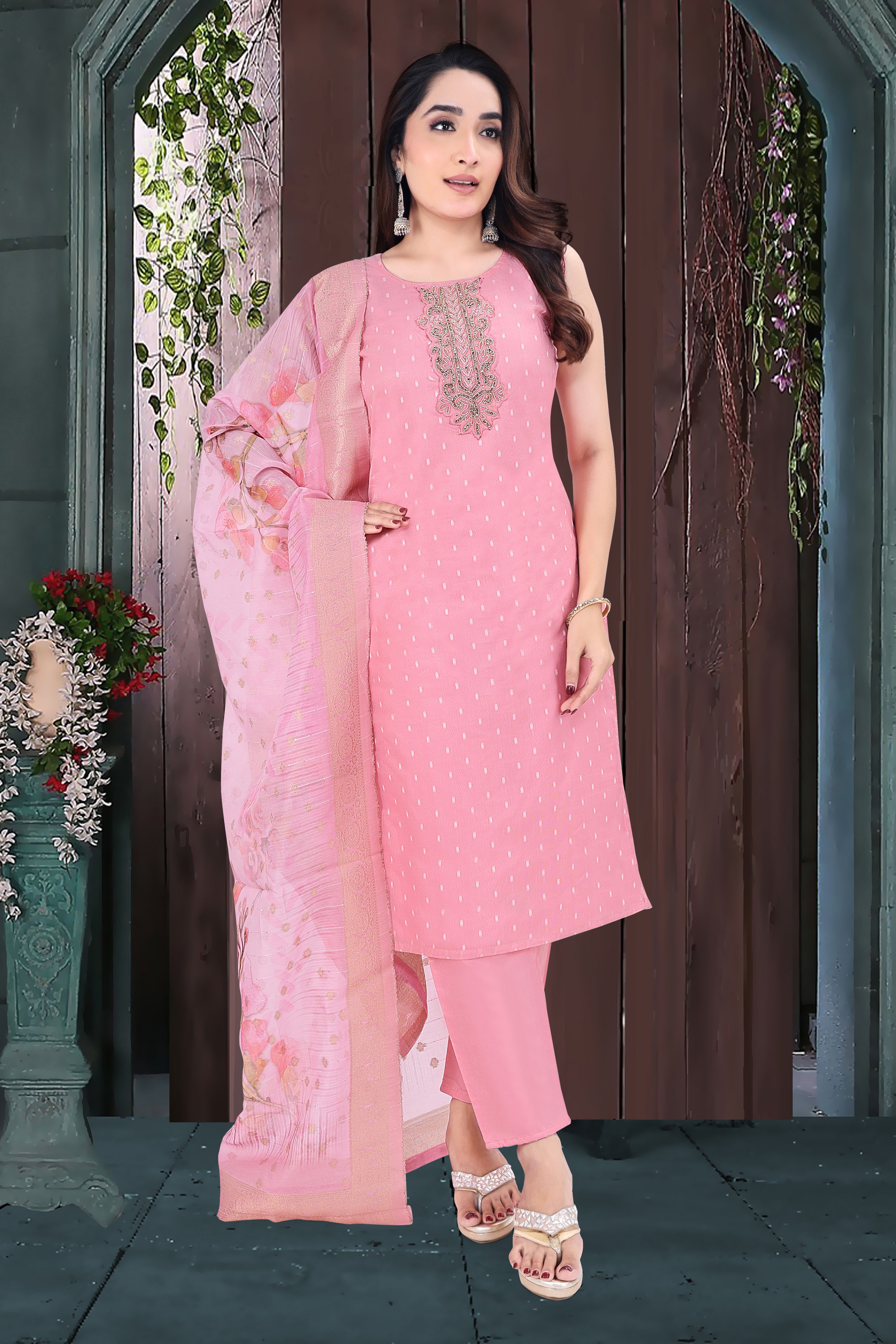 Pastel Pink Embroidered Silk Blend Straight Suit With Dupatta