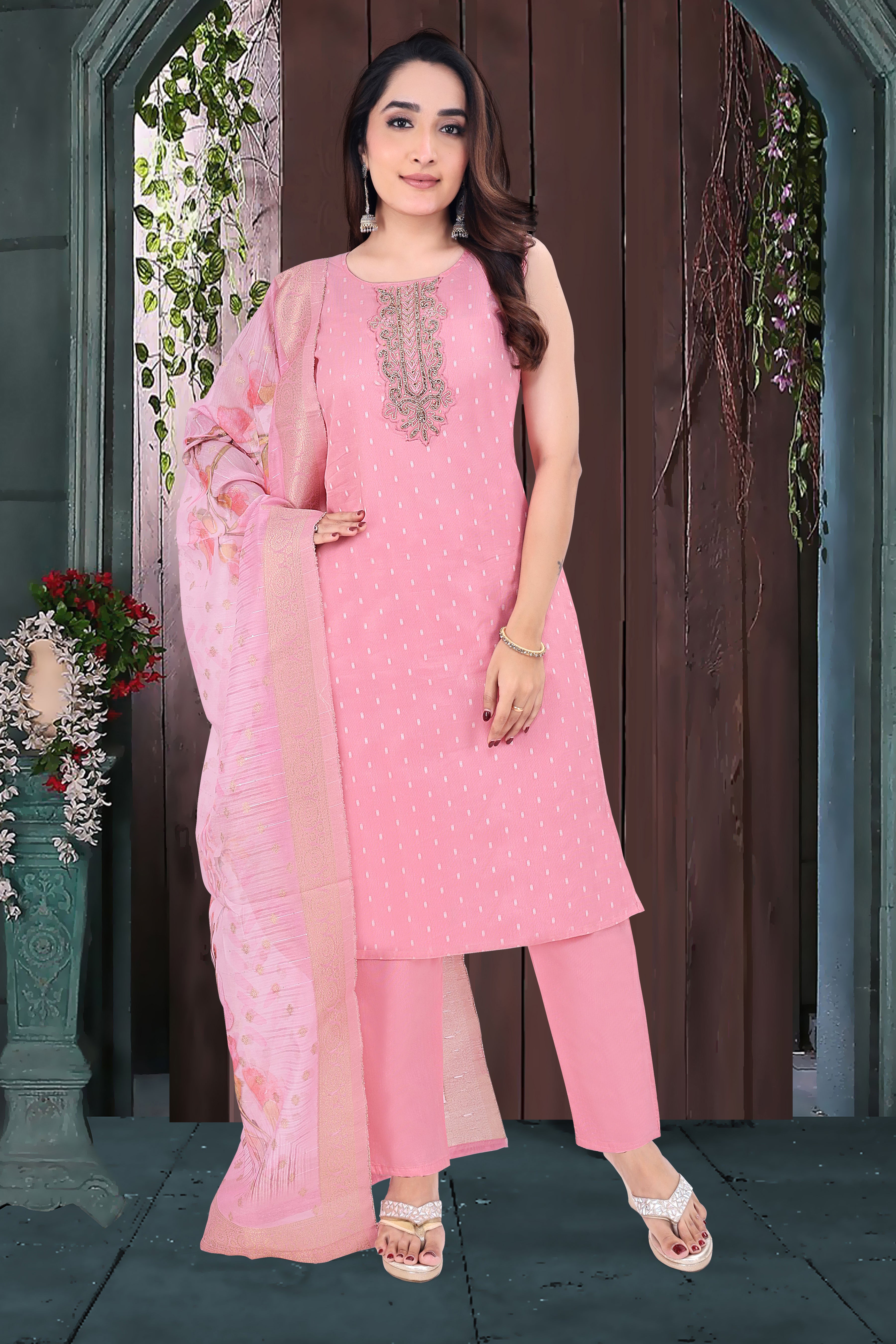 Pastel Pink Embroidered Silk Blend Straight Suit With Dupatta