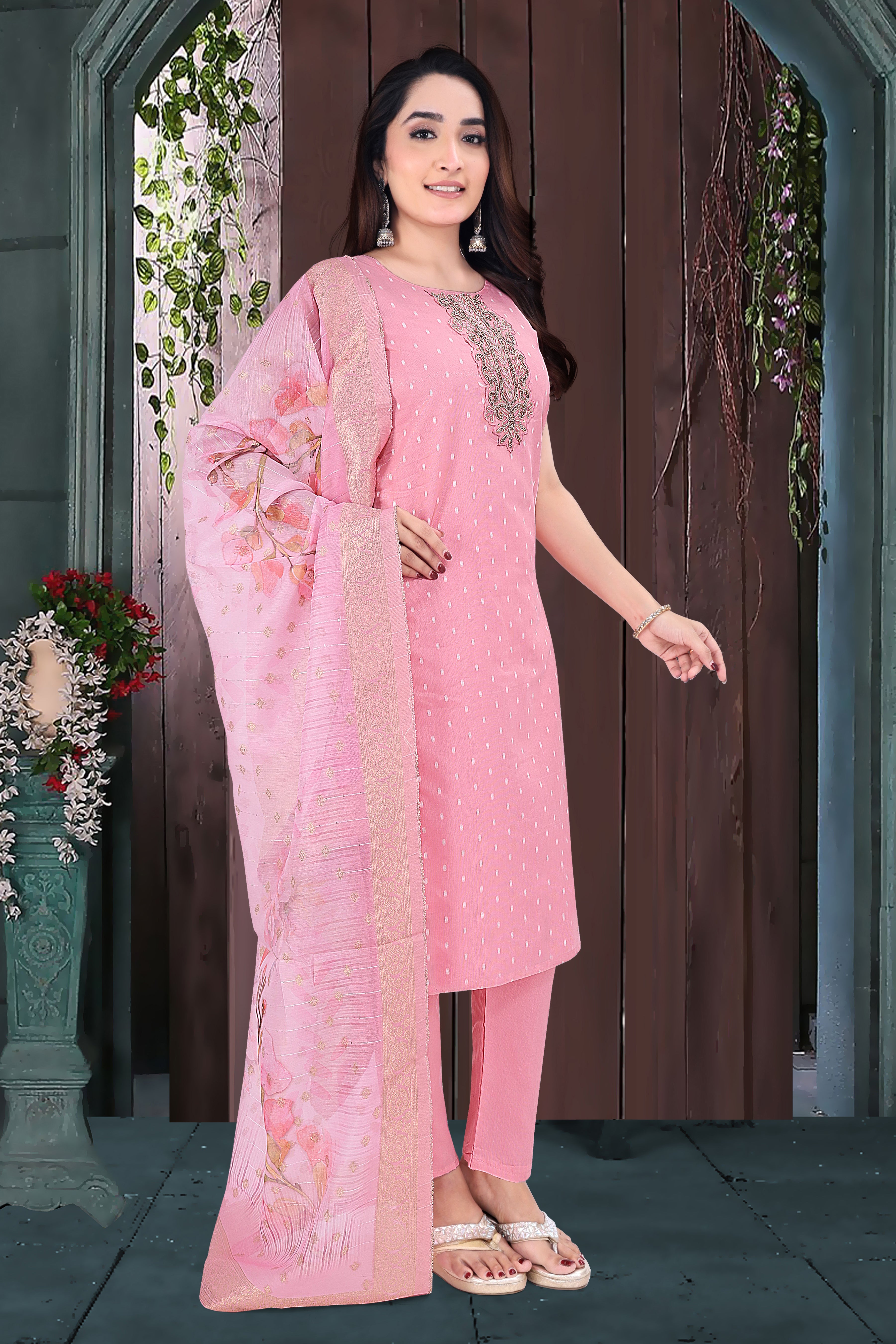 Pastel Pink Embroidered Silk Blend Straight Suit With Dupatta