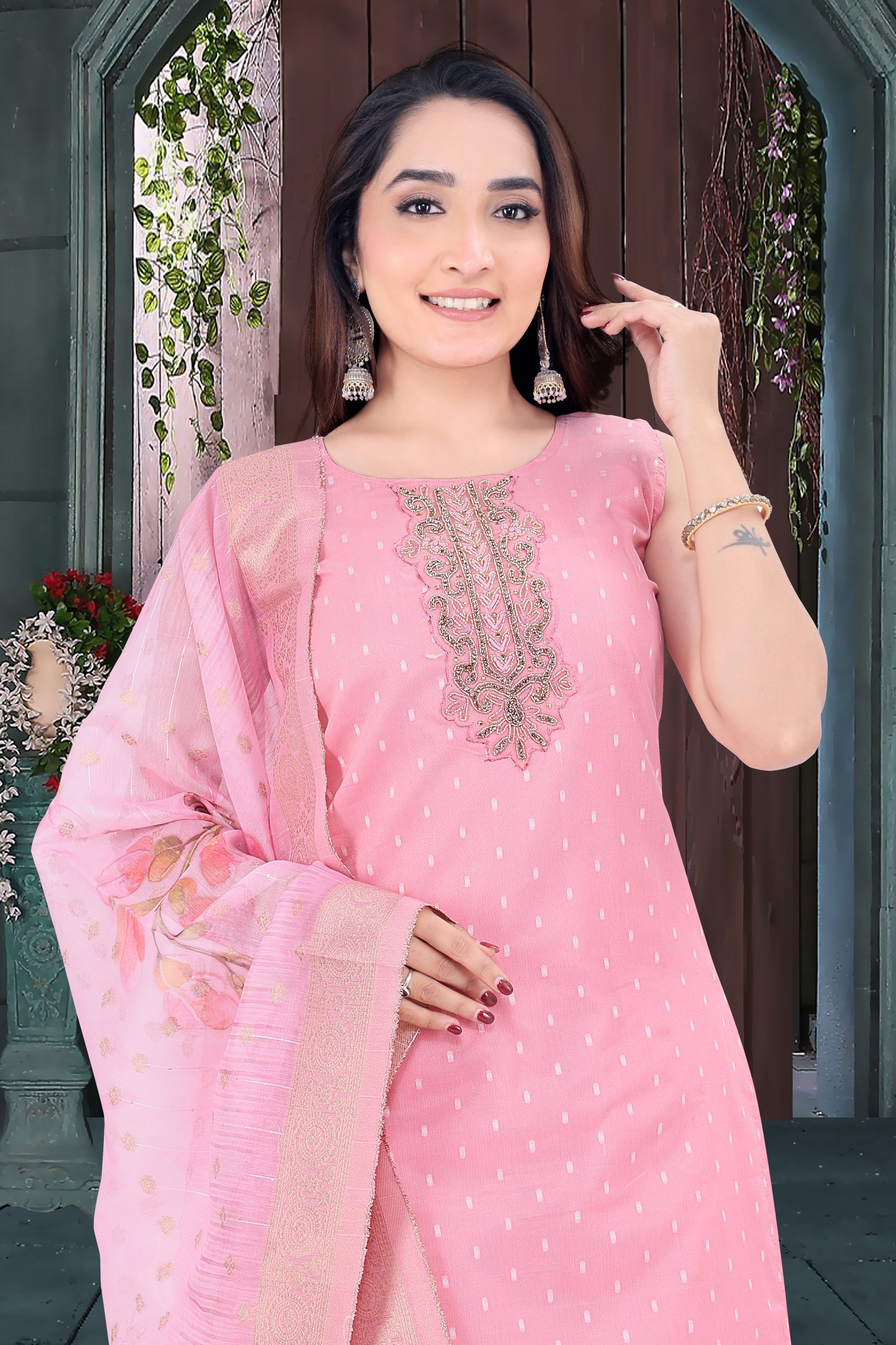 Pastel Pink Embroidered Silk Blend Straight Suit With Dupatta