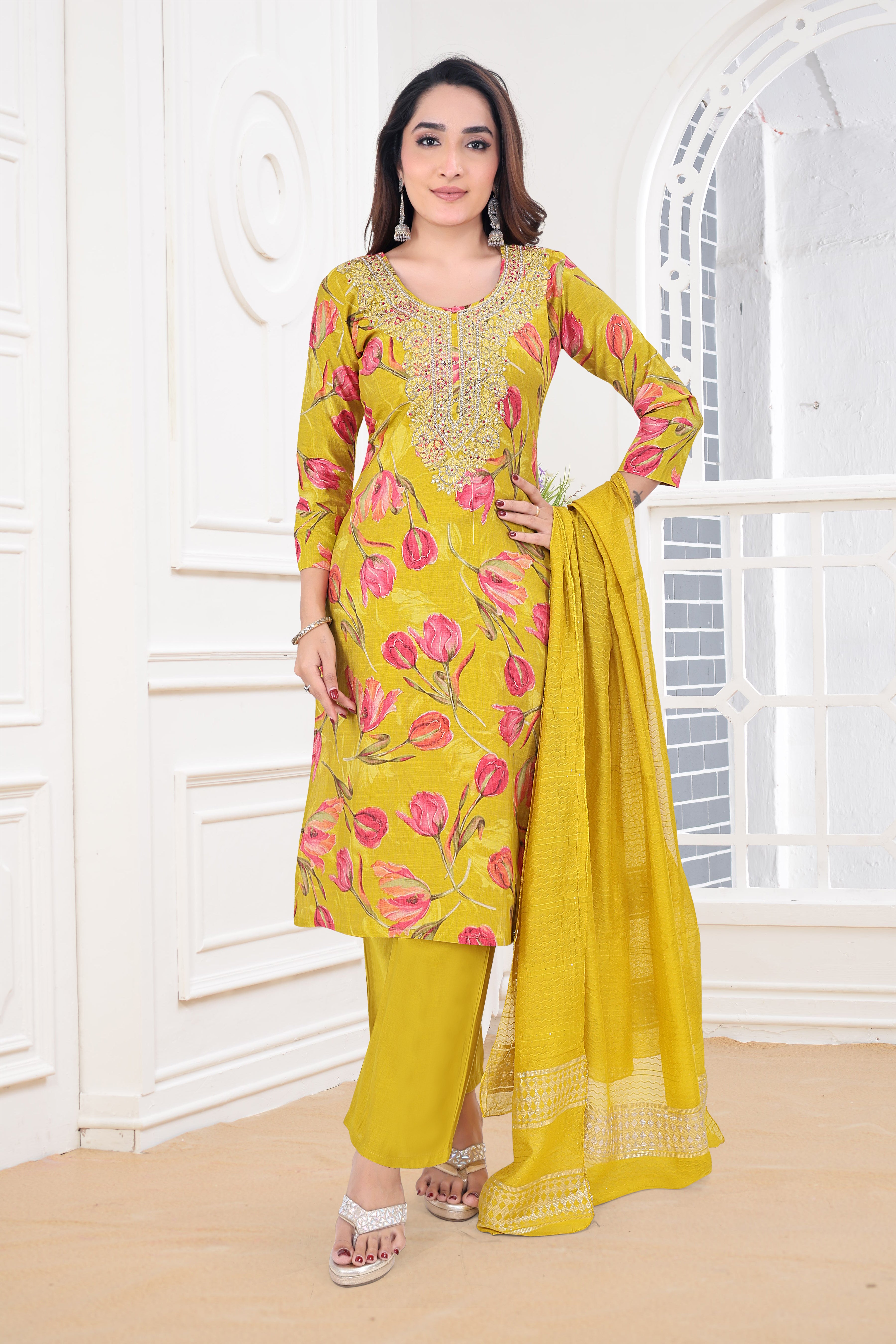 Yellow Embroidered Blend Straight Suit Sets With Dupatta