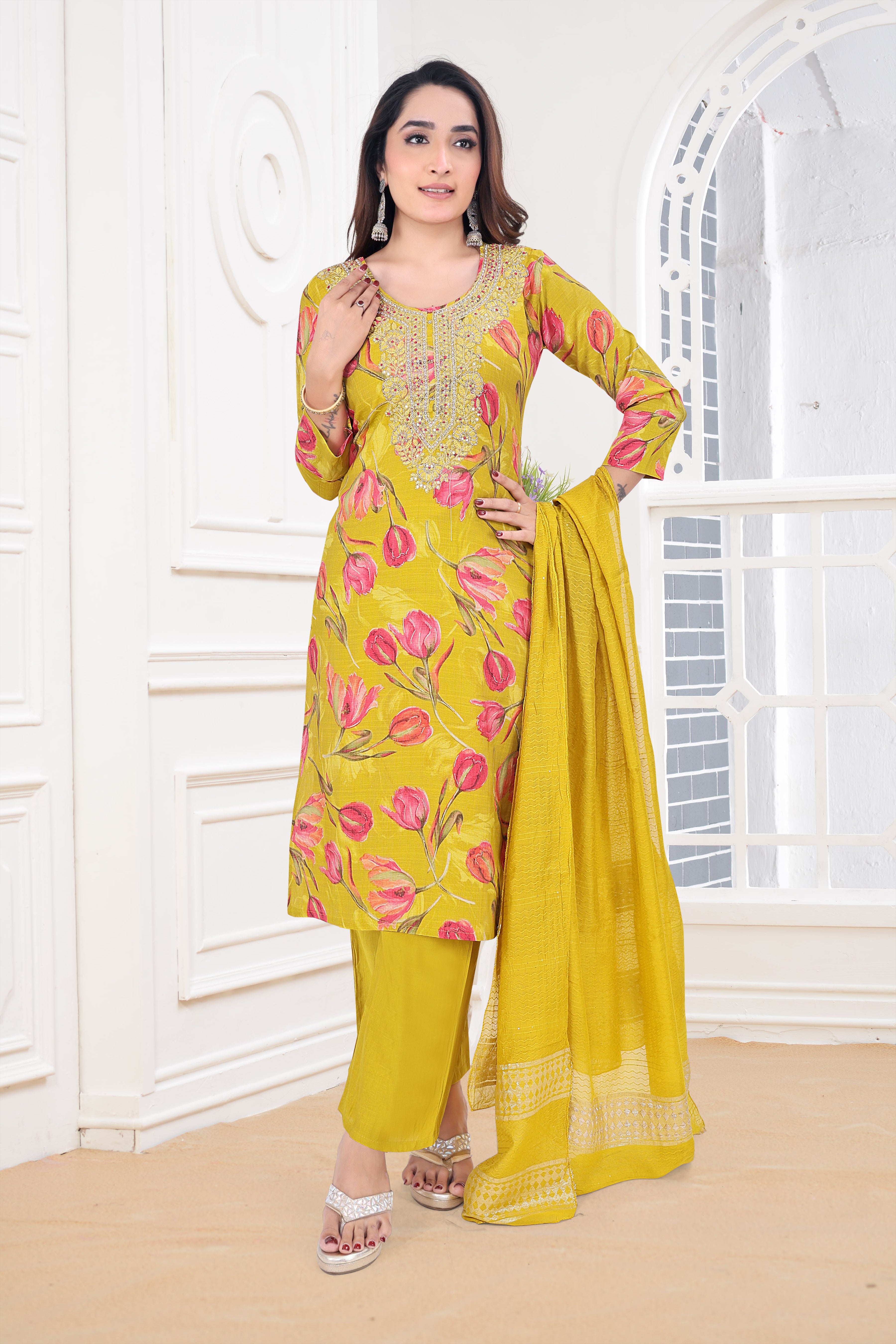 Yellow Embroidered Blend Straight Suit Sets With Dupatta