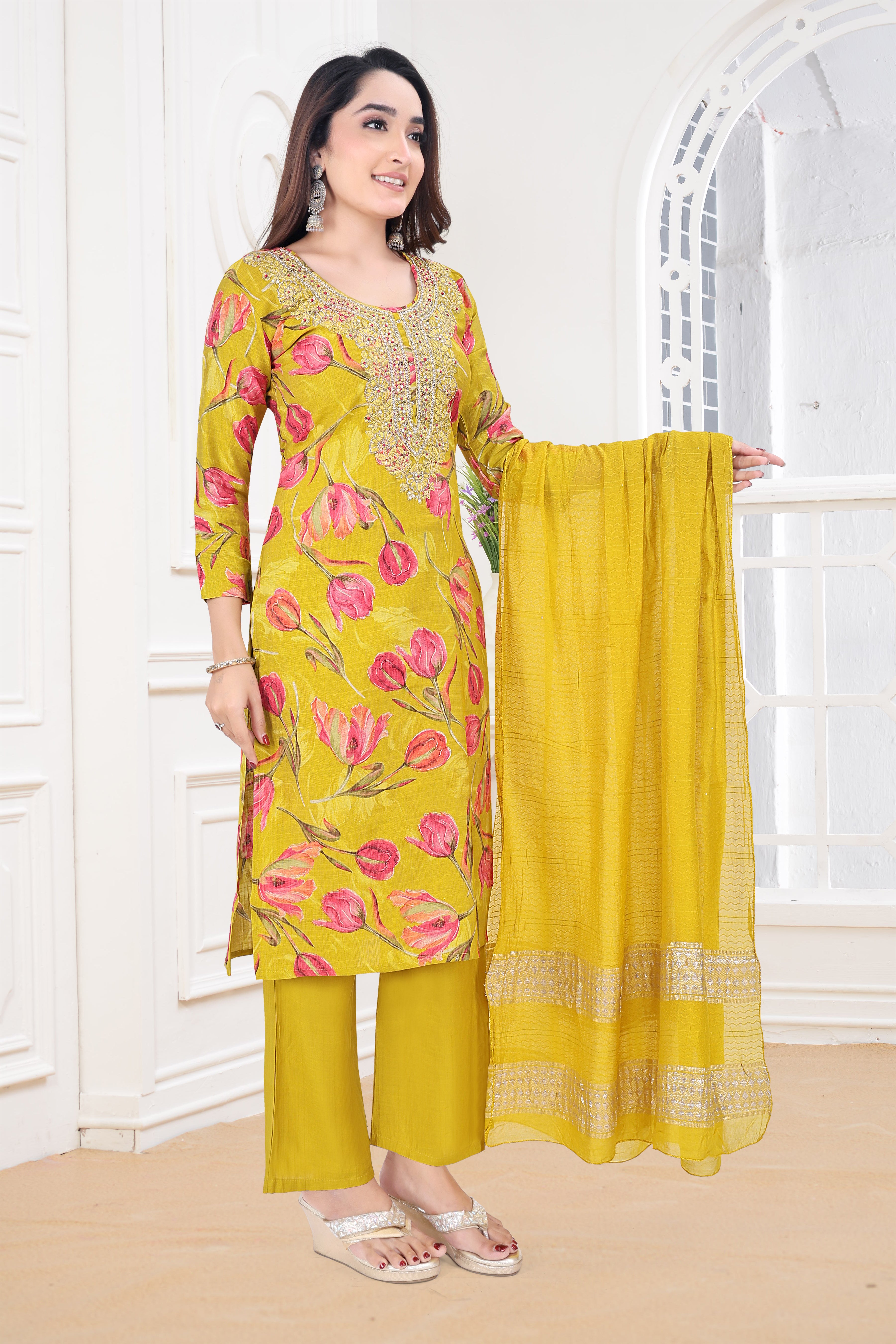 Yellow Embroidered Blend Straight Suit Sets With Dupatta