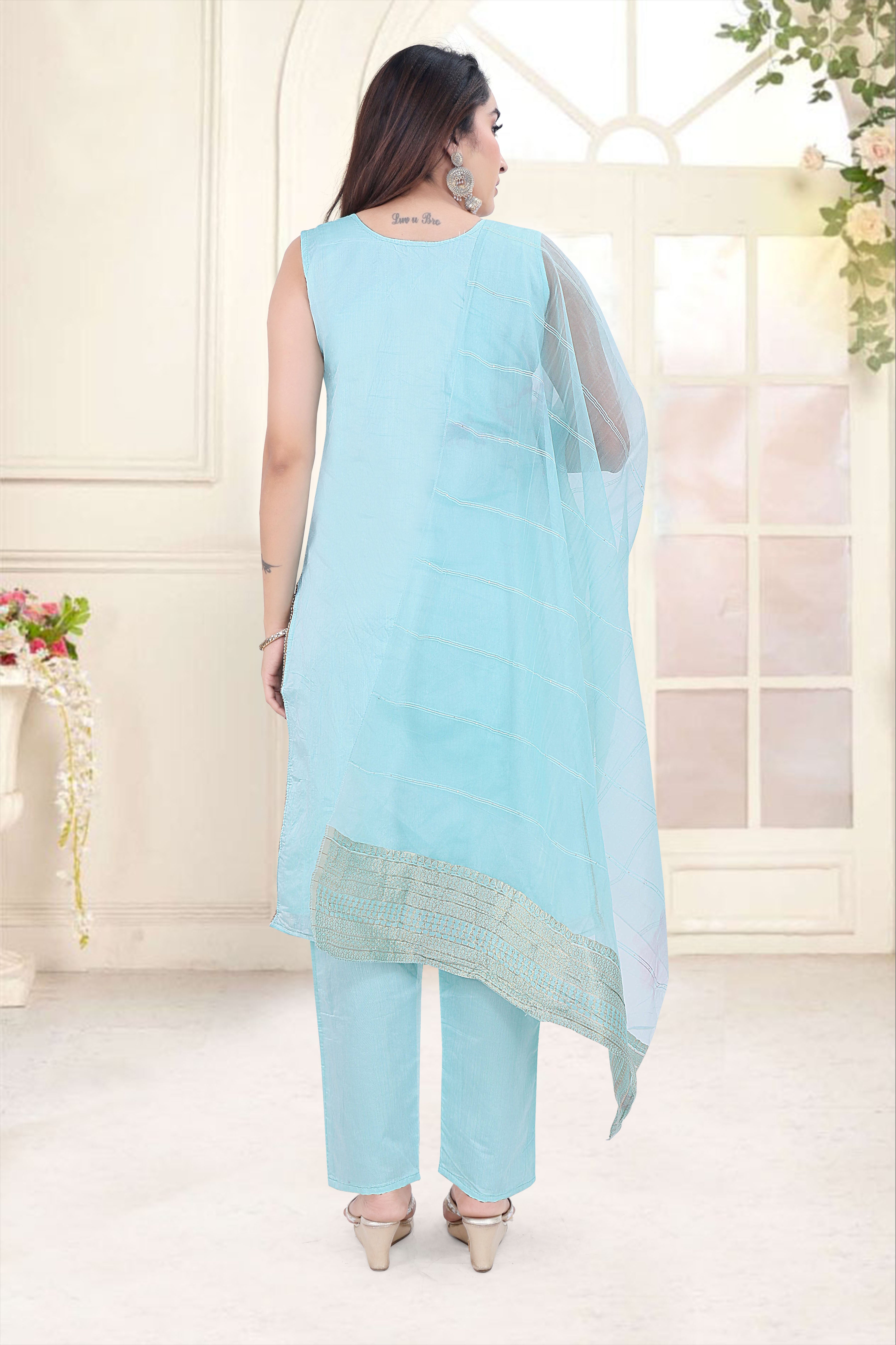 Aqua Blue Embroidered Silk Blend Straight Suit Sets With Dupatta