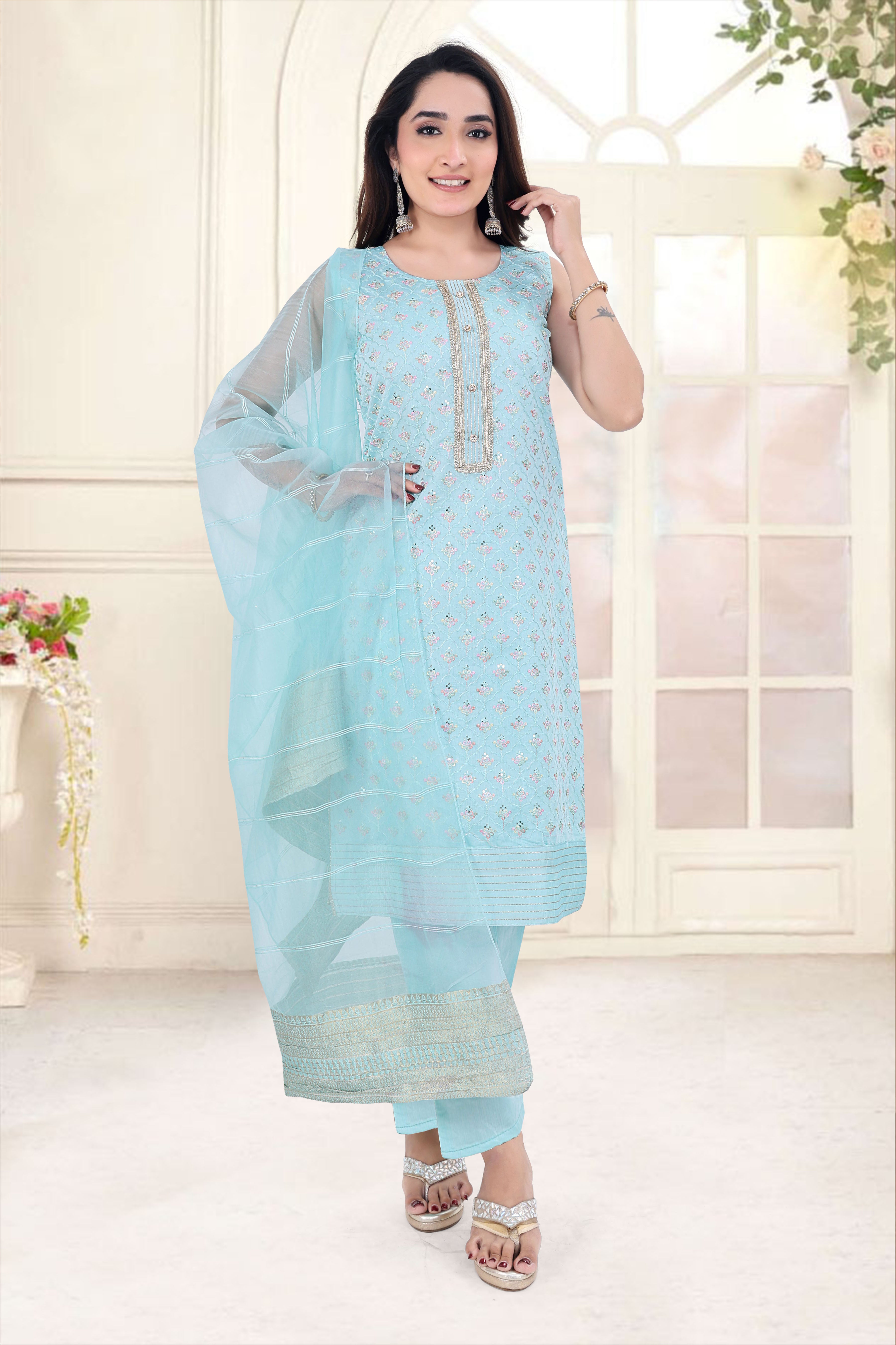 Aqua Blue Embroidered Silk Blend Straight Suit Sets With Dupatta