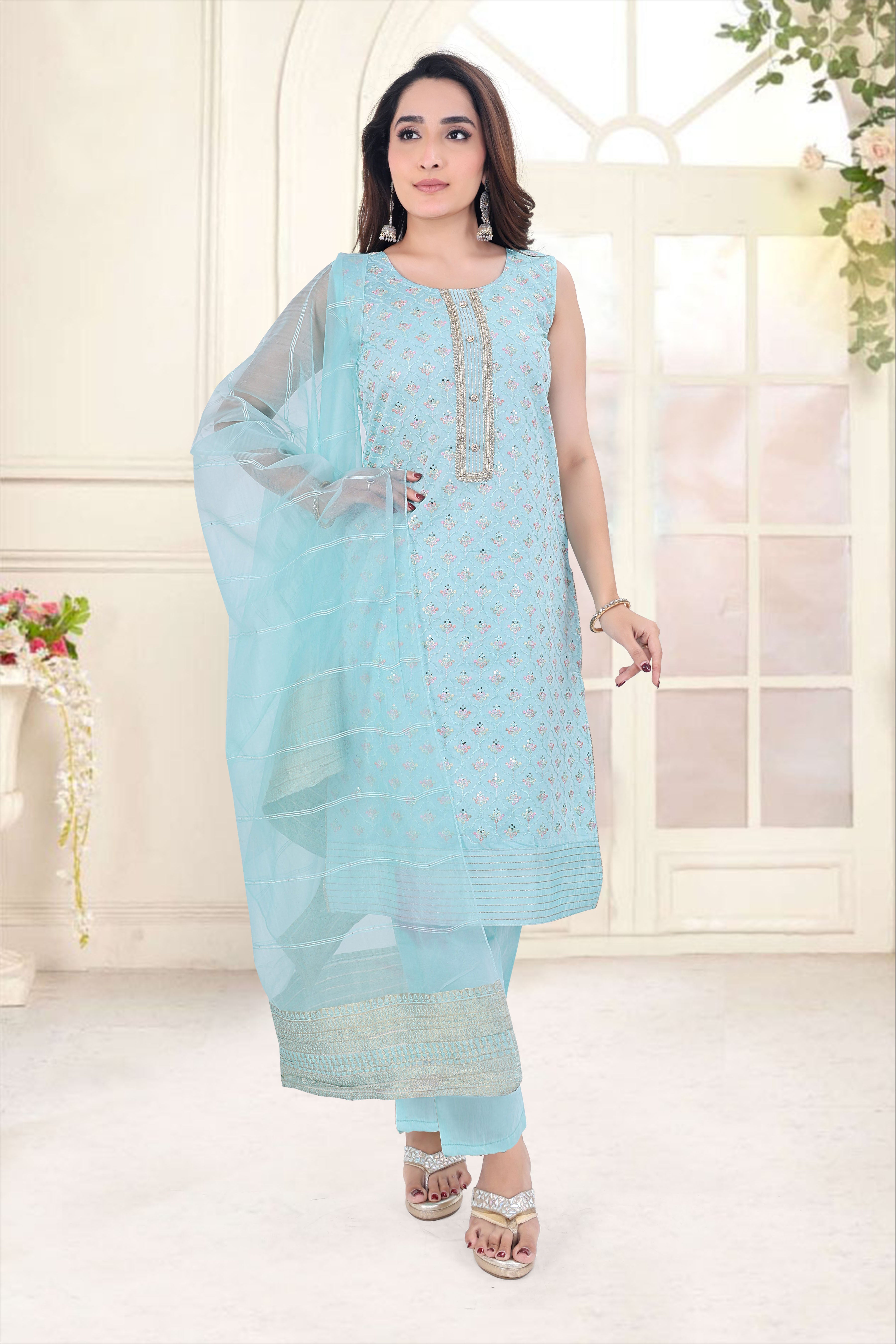 Aqua Blue Embroidered Silk Blend Straight Suit Sets With Dupatta