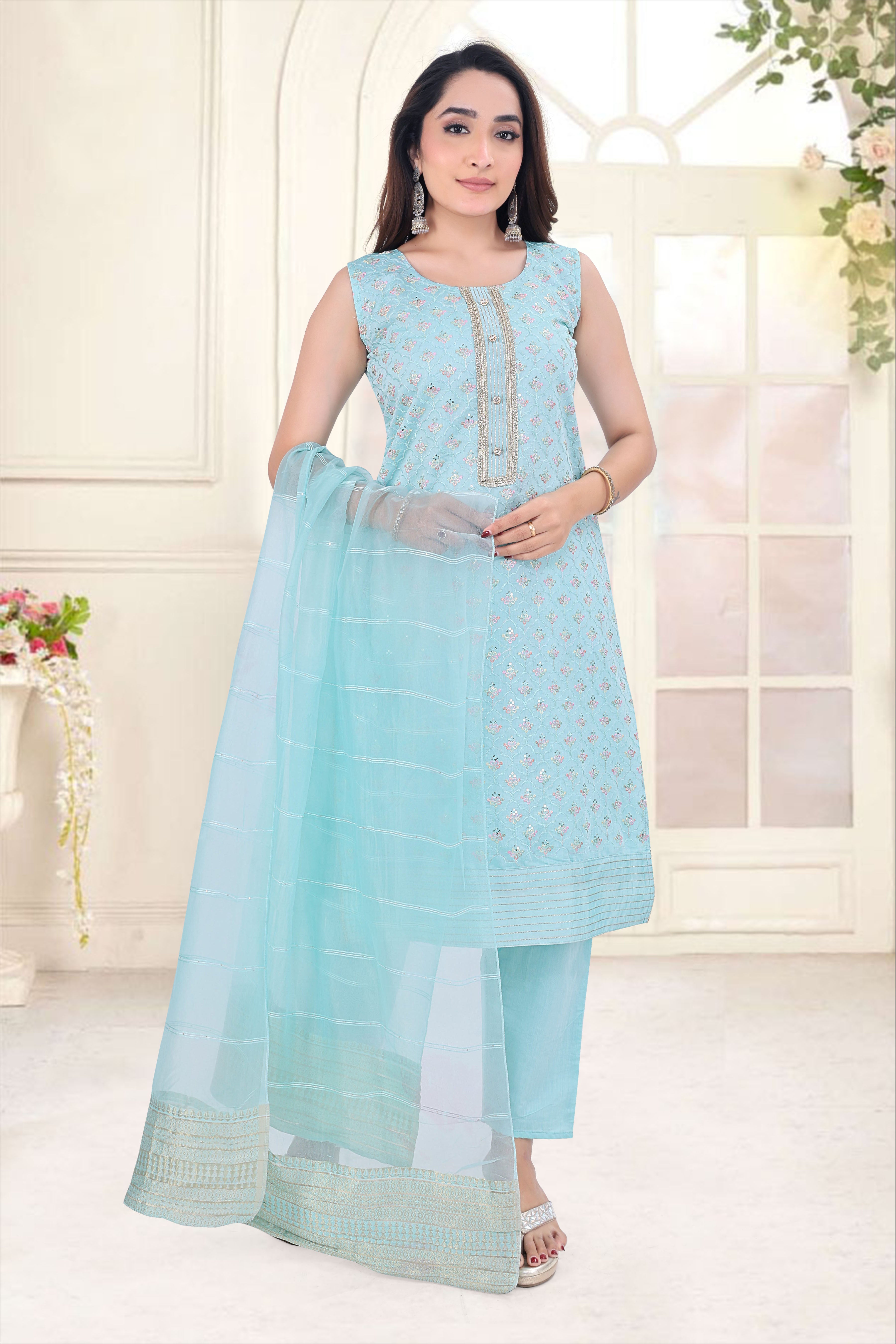 Aqua Blue Embroidered Silk Blend Straight Suit Sets With Dupatta