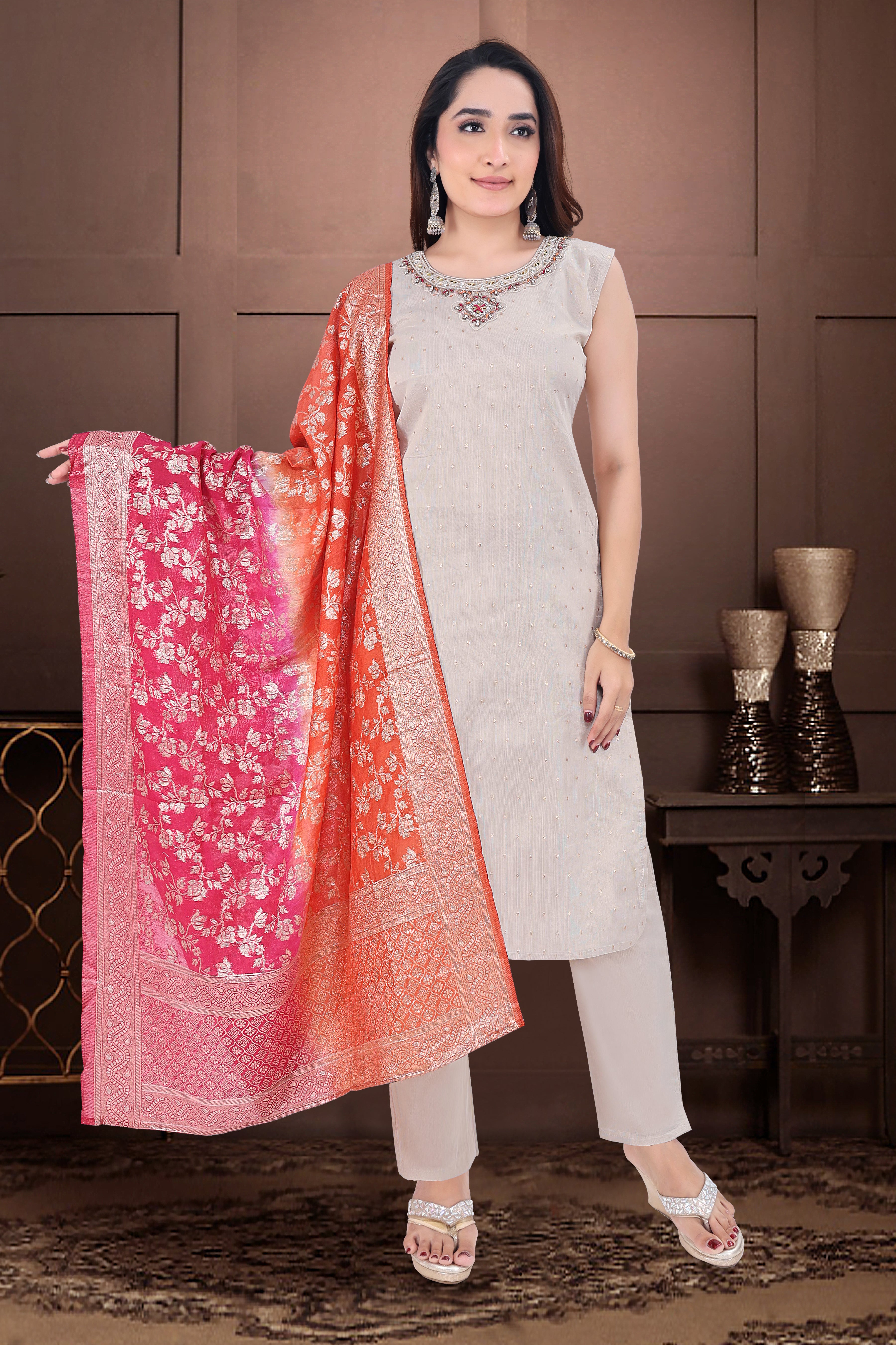 Beige Yoke Design Silk Blend Straight Suit With Dupatta