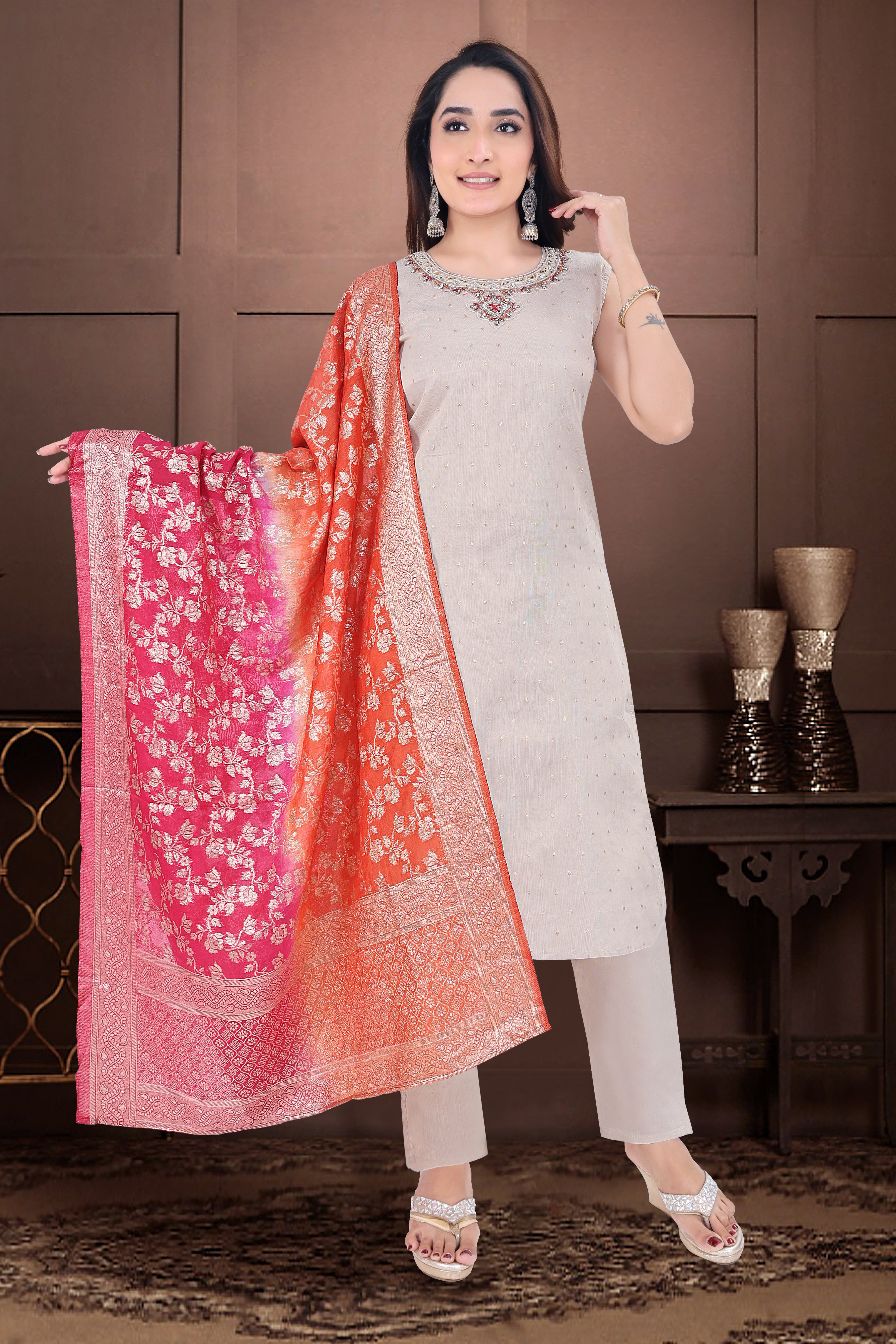 Beige Yoke Design Silk Blend Straight Suit With Dupatta