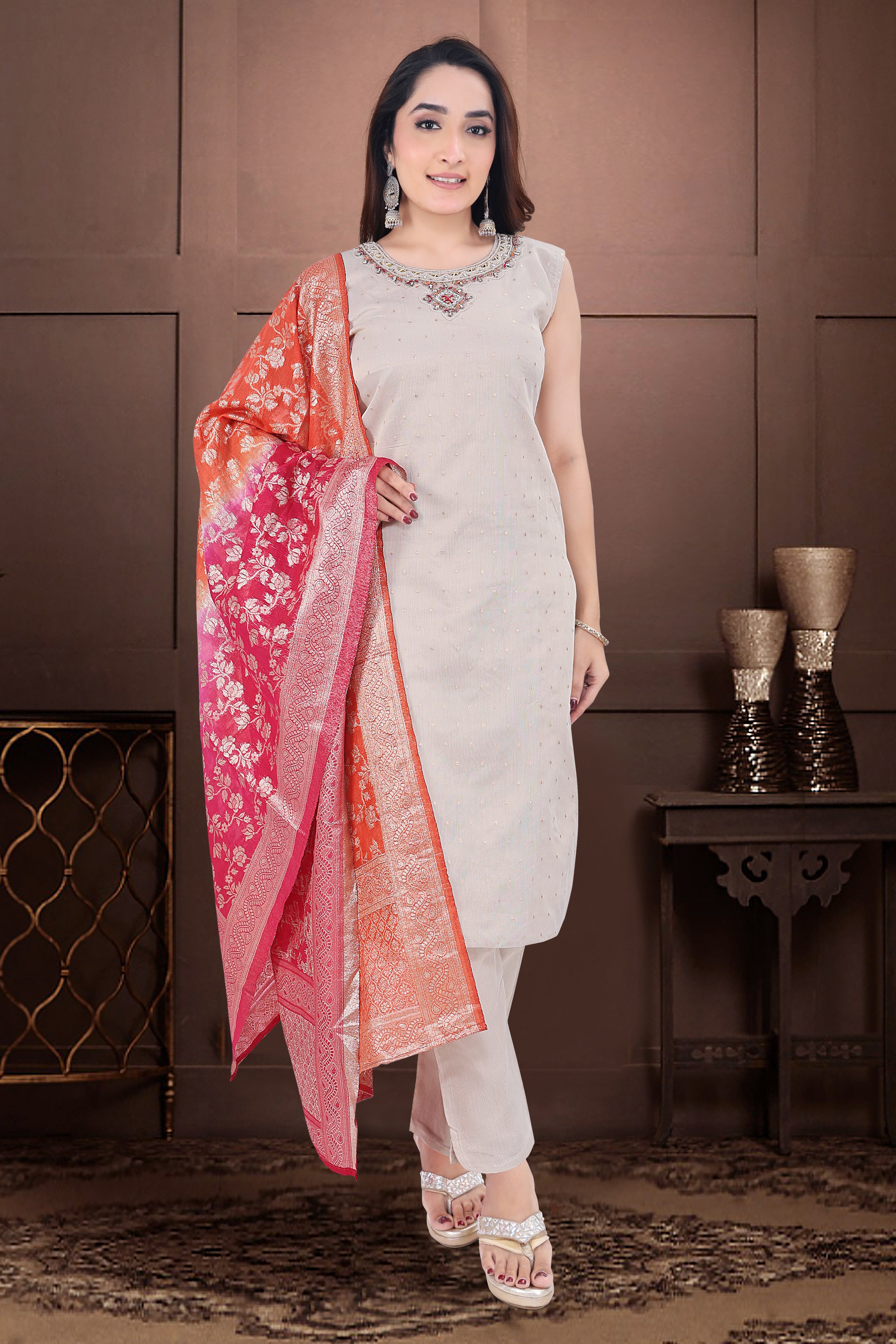 Beige Yoke Design Silk Blend Straight Suit With Dupatta