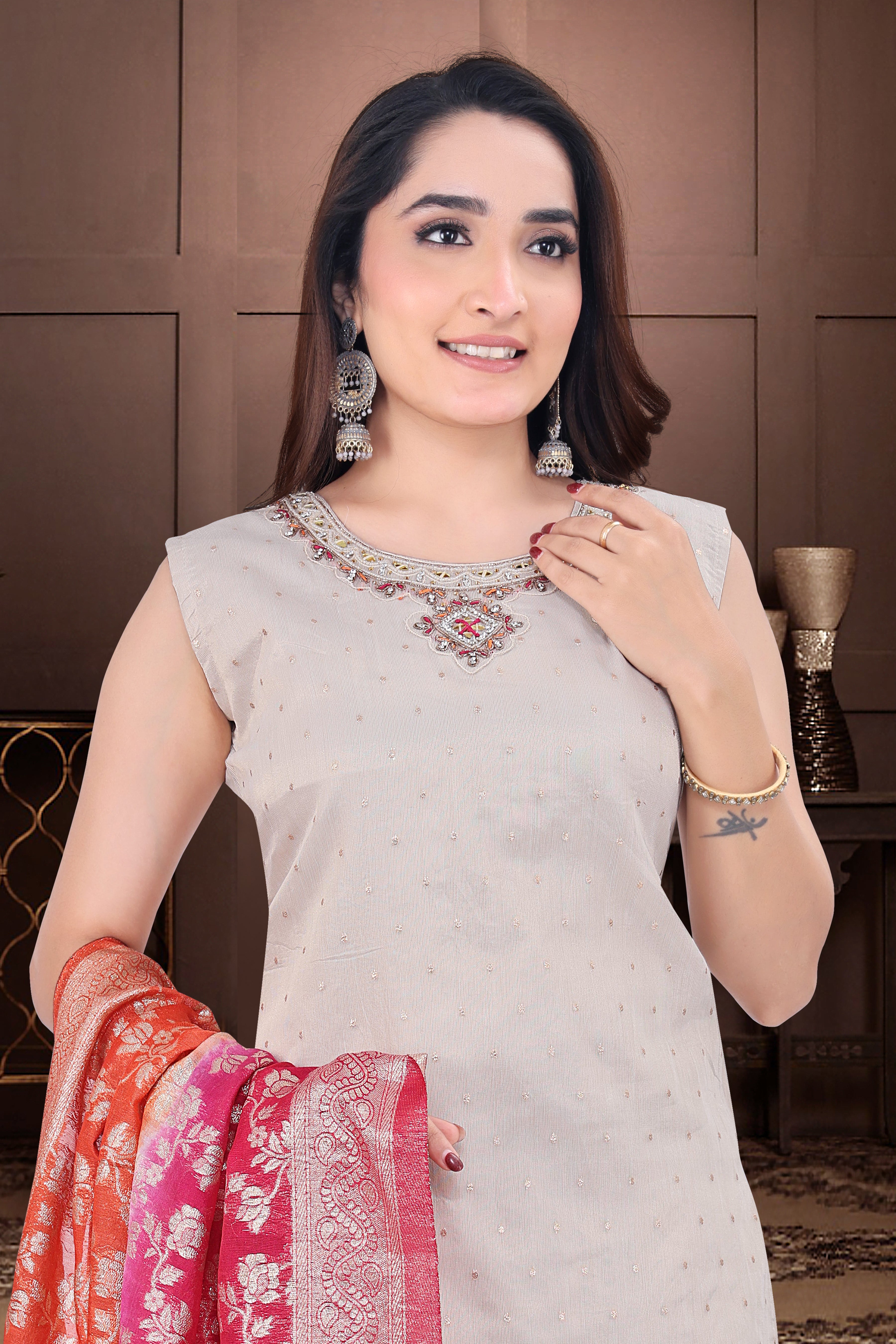 Beige Yoke Design Silk Blend Straight Suit With Dupatta