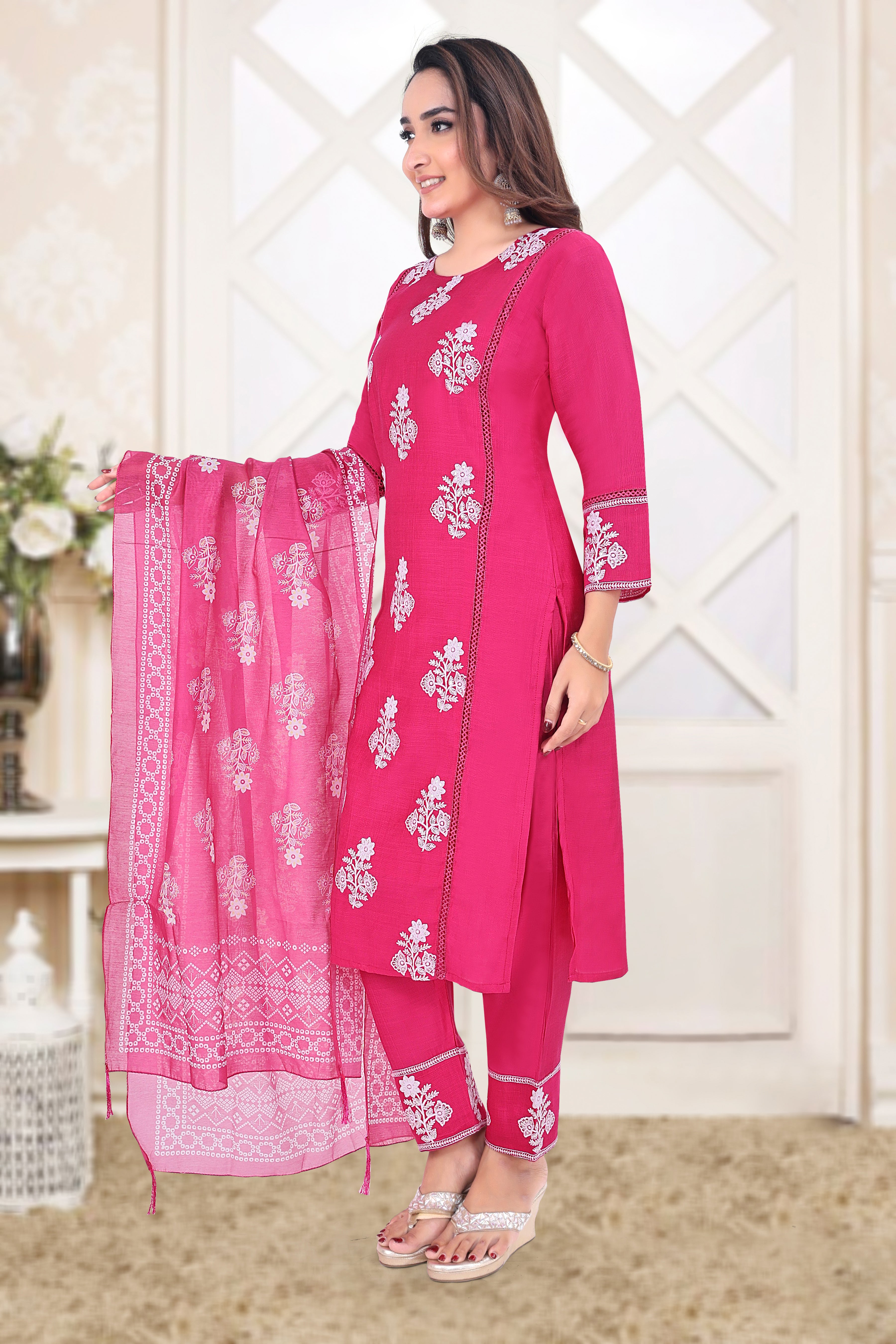 Pink Embroidered Vertican Straight Suit With Dupatta