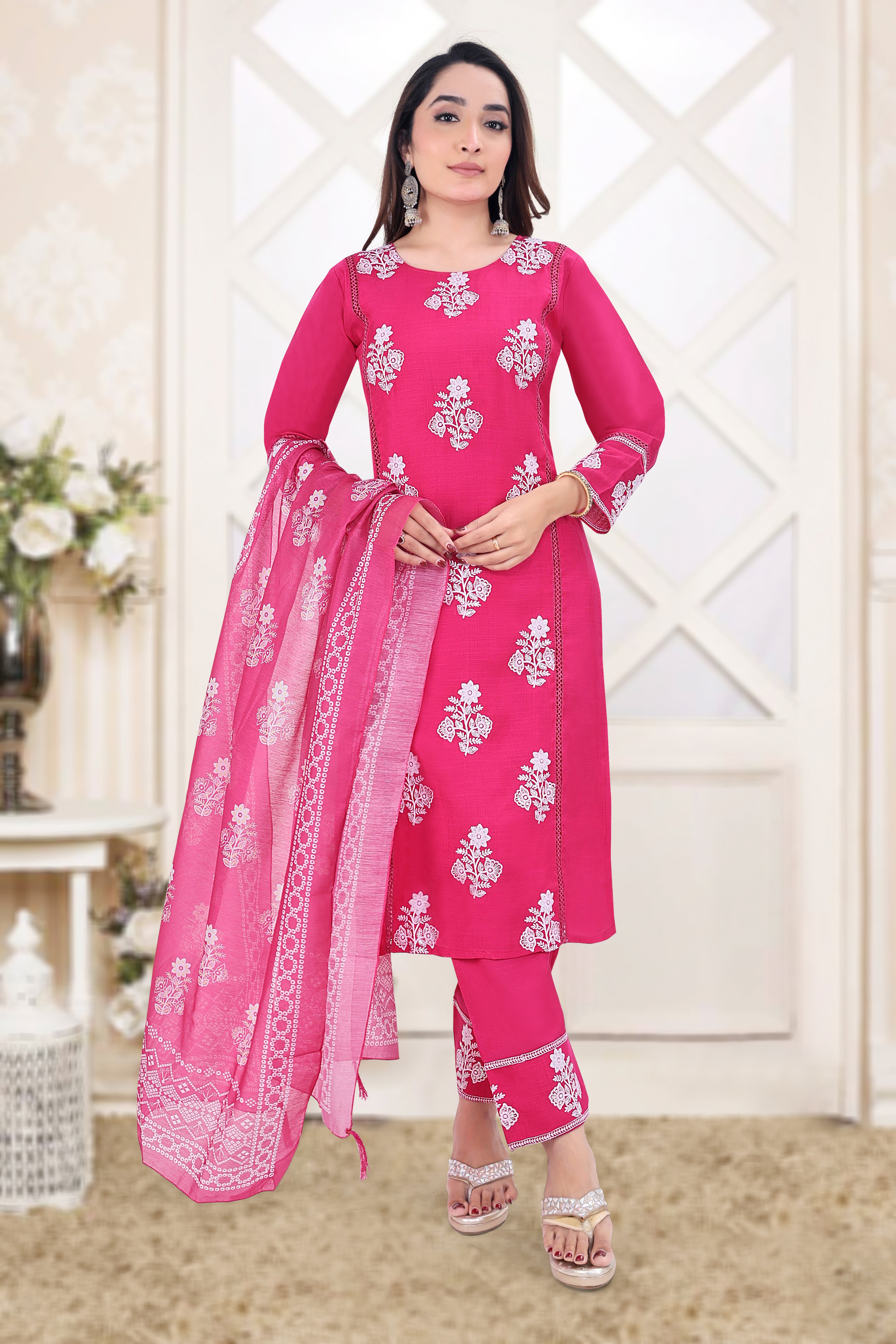Pink Embroidered Vertican Straight Suit With Dupatta