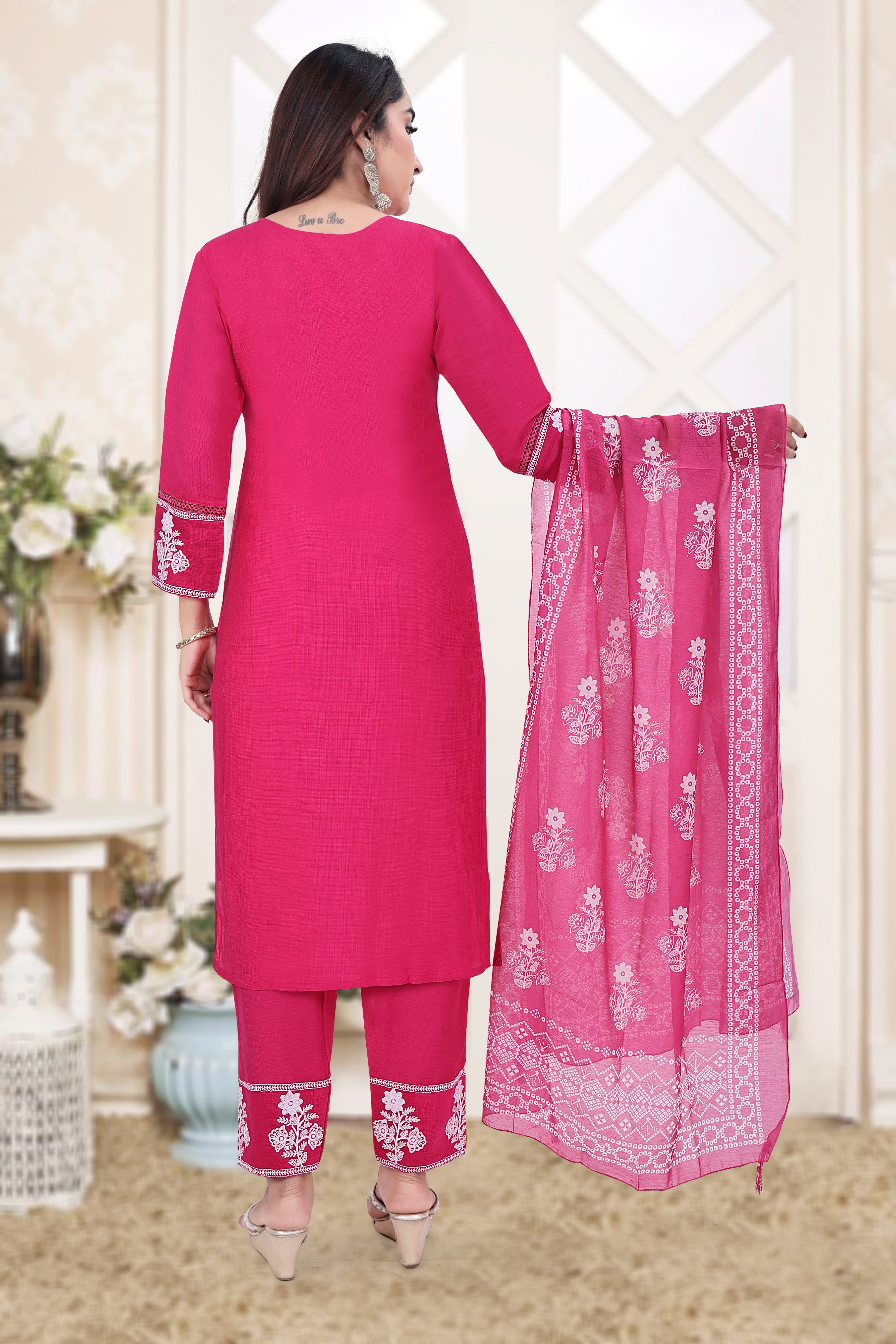 Pink Embroidered Vertican Straight Suit With Dupatta