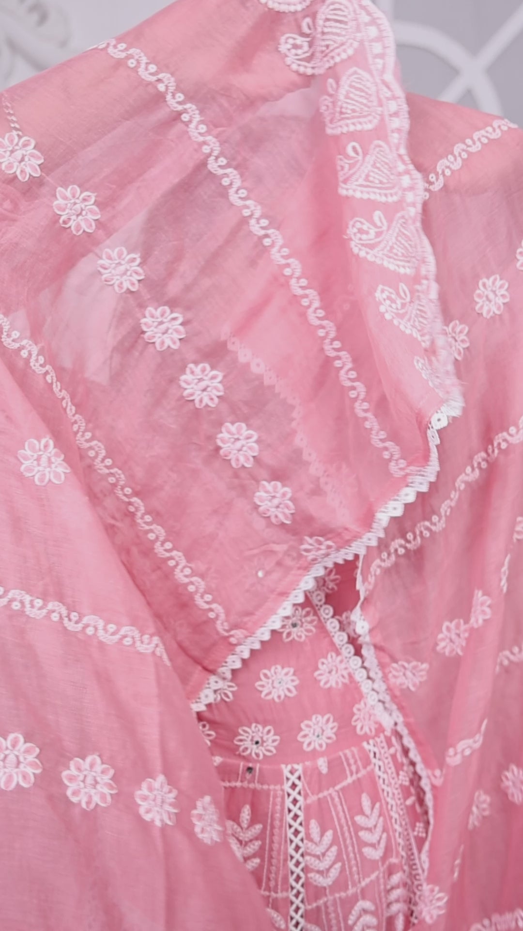 Peach Embroidered Cotton Anarkali Kurta With Dupatta Set